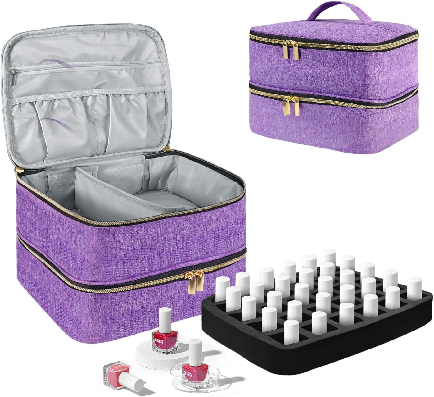 Sac organisateur de vernis à ongles, boîte de rangement double de vernis à ongles, organisateur de coffre pour le design des ongles, sacs cosmétiques pour 30 flacons de base Neonail (15 ml-0,5 fl. oz) et 1 lampe à ongles (noir)