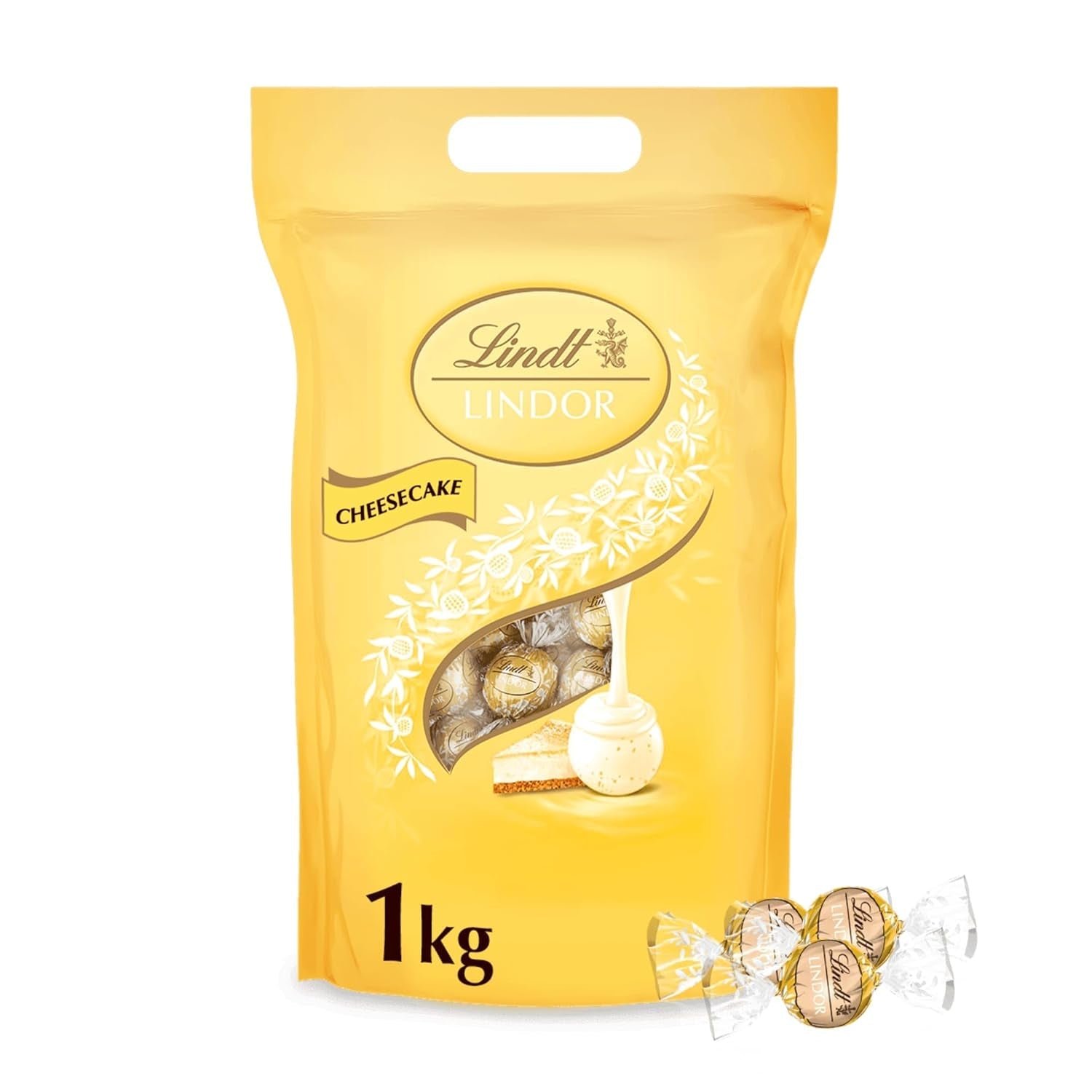 Chocolat Lindt | Sac à gâteau au fromage LINDOR | 1 kg | 80 de bile de chocolat au lait avec une umplutură de cheesecake care se topeşte in gură | Cadeau de chocolat à partager