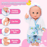 deAO Ensemble de Baignoire pour Poupée, Poupée Interactive de 33 cm, Bain de Poupée, Ensemble de Jeu pour Poupée avec Tétine, Vêtements de Poupée, Peignoir, Couches de Poupée, Baignoire et Douchette Fonctionnelle