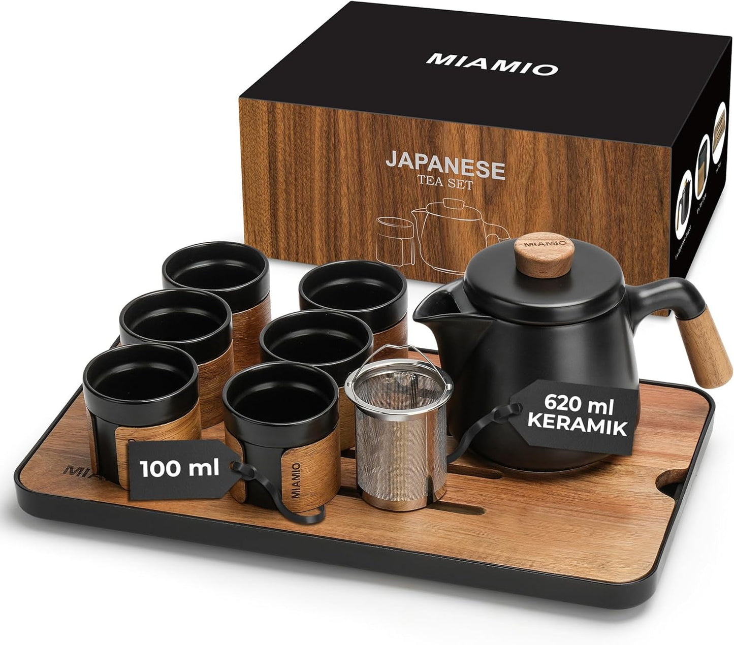 MIAMIO - Service à thé japonais/chinois 6 x 100 ml / Théière asiatique 620 ml avec infuseur à thé, ensemble de théière japonaise traditionnelle pour les amateurs de thé/hommes/femmes (noir)