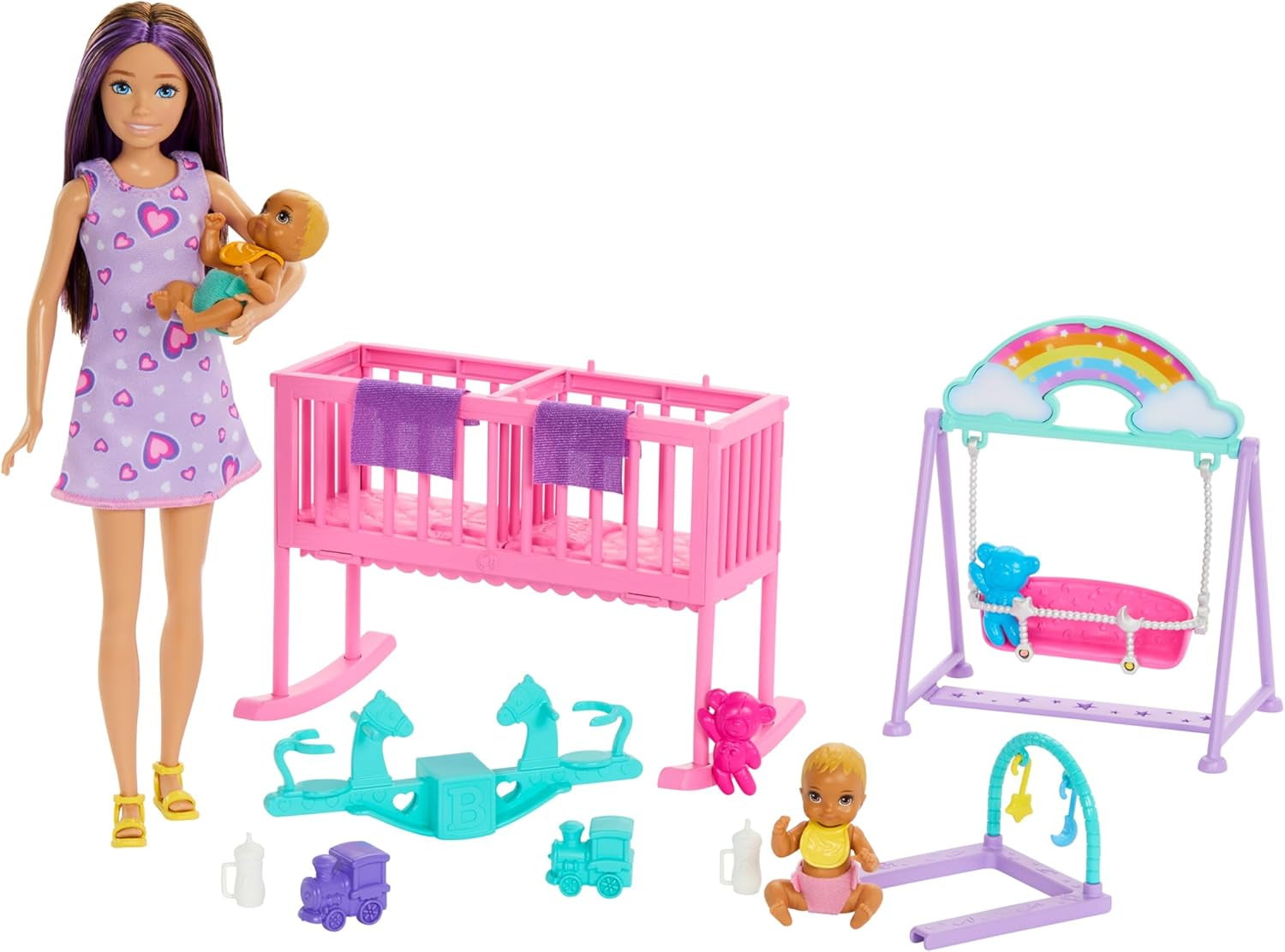 Barbie Skipper Poupée et maison de jeu avec accessoires, comprend des poupées jumelles, 1 berceau, 1 balançoire, 1 bascule et plus, HXM99