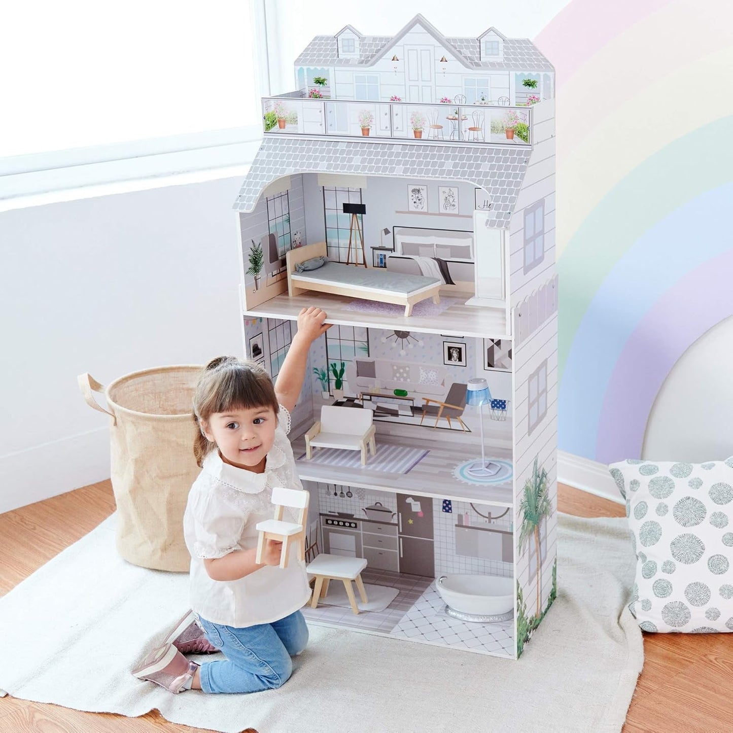 Teamson Kids Olivia's Little World Maison de poupée géante avec meubles et accessoires, maison de poupée en bois, ensemble de jeu à 3 niveaux pour poupées de 30 cm, à partir de 3 ans