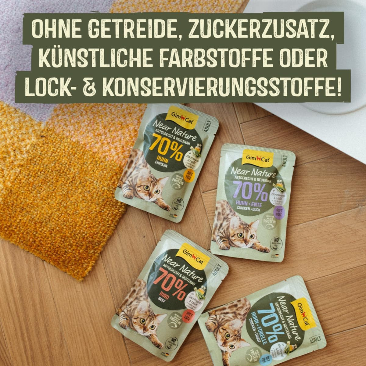 GimCat Near Nature Trial Mix 12 Pack - Aliment humide sans céréales pour chats à partir de 7 mois avec une recette adaptée à l'espèce et à la proie - 12 sachets (12 x 85 g)