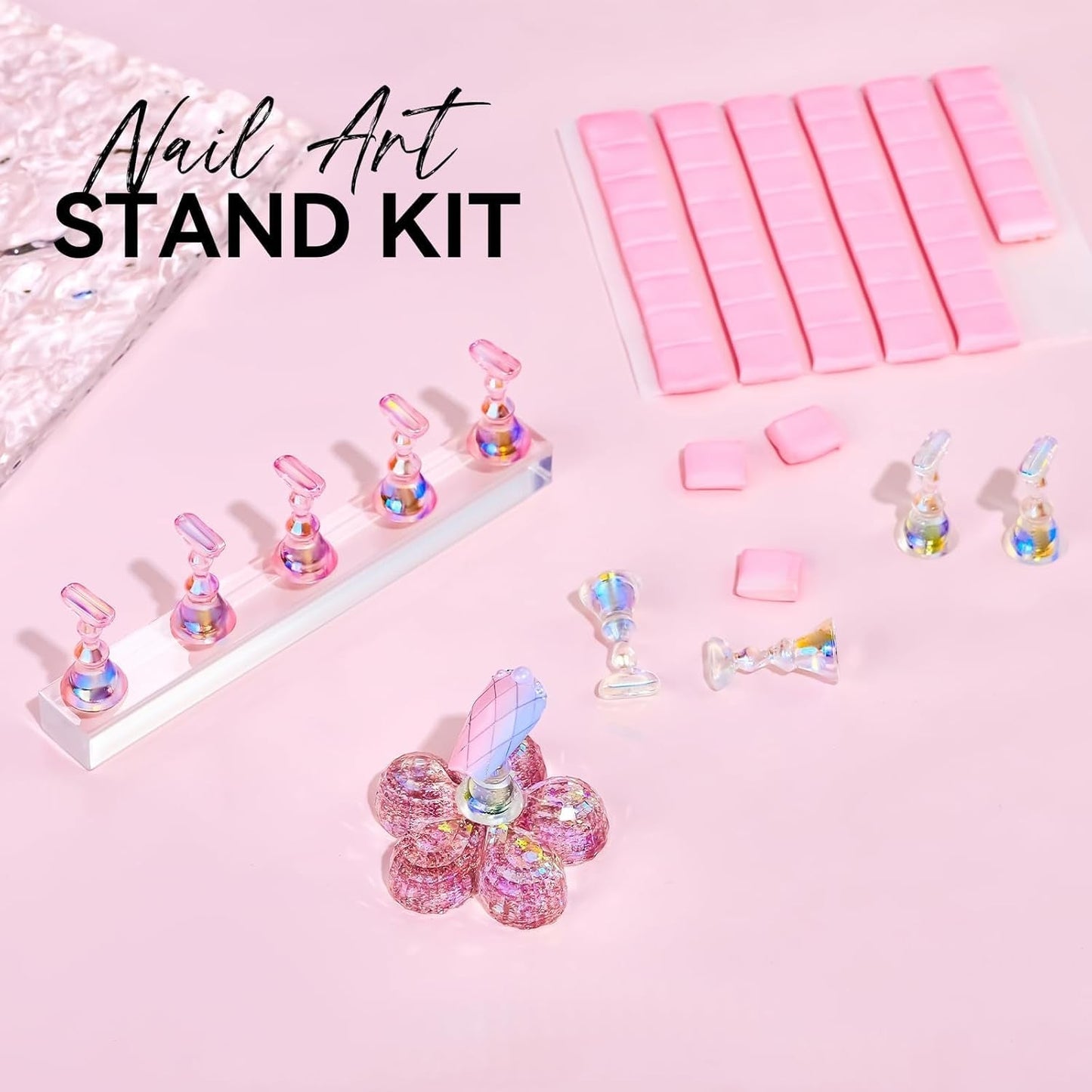 Makartt Porte-ongles en acrylique, Porte-ongles magnétique, Porte-ongles, Porte-ongles rose transparent avec 48 mastics adhésifs