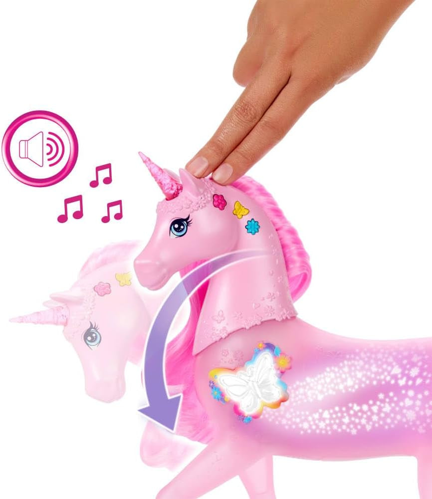 Licorne Barbie qui brille dans le noir avec 20 combinaisons interactives d'effets lumineux, sonores et musicaux pour jouer avec des boutons-poussoirs et des coups de tête, JCP78