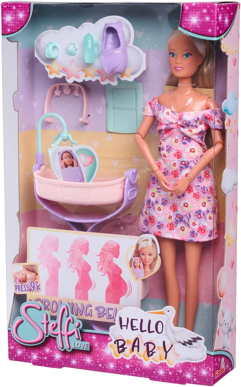 Simba 105733680 Steffi LOVE Doll Hello Baby (29 cm) - Poupée de jeu enceinte avec ventre qui grandit, poupée et accessoires - jouet pour enfants pour filles et garçons à partir de 3 ans, noir Dolls Naty Shop