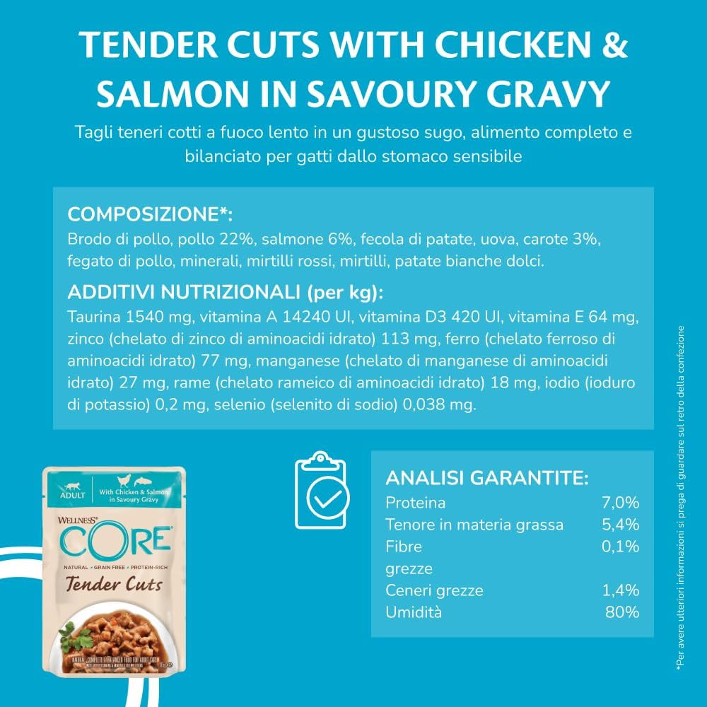Wellness CORE Tender Cuts 6 x 85g, Chicken Selection Mix - Nourriture humide pour chats, morceaux tendres en sauce, sans céréales, naturelle, hypoallergénique, riche en protéines, haute teneur en viande