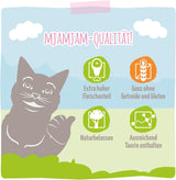 MjAMjAM - Nourriture humide de qualité supérieure pour chats - Paquet de 6 poulet juteux et saumon sauvage (6 x 400 g) sans céréales avec viande supplémentaire