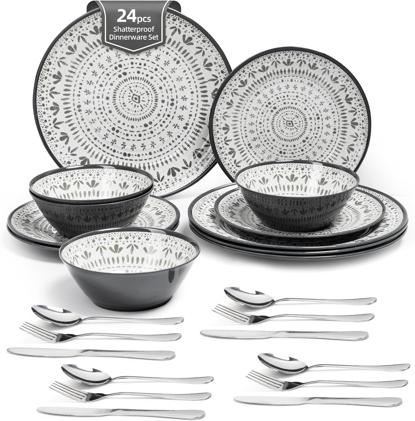 Ensemble de couverts en mélamine 24 pièces, ensemble d'assiettes et de vaisselle de Camping pour 4 personnes, pour les voyages et l'extérieur