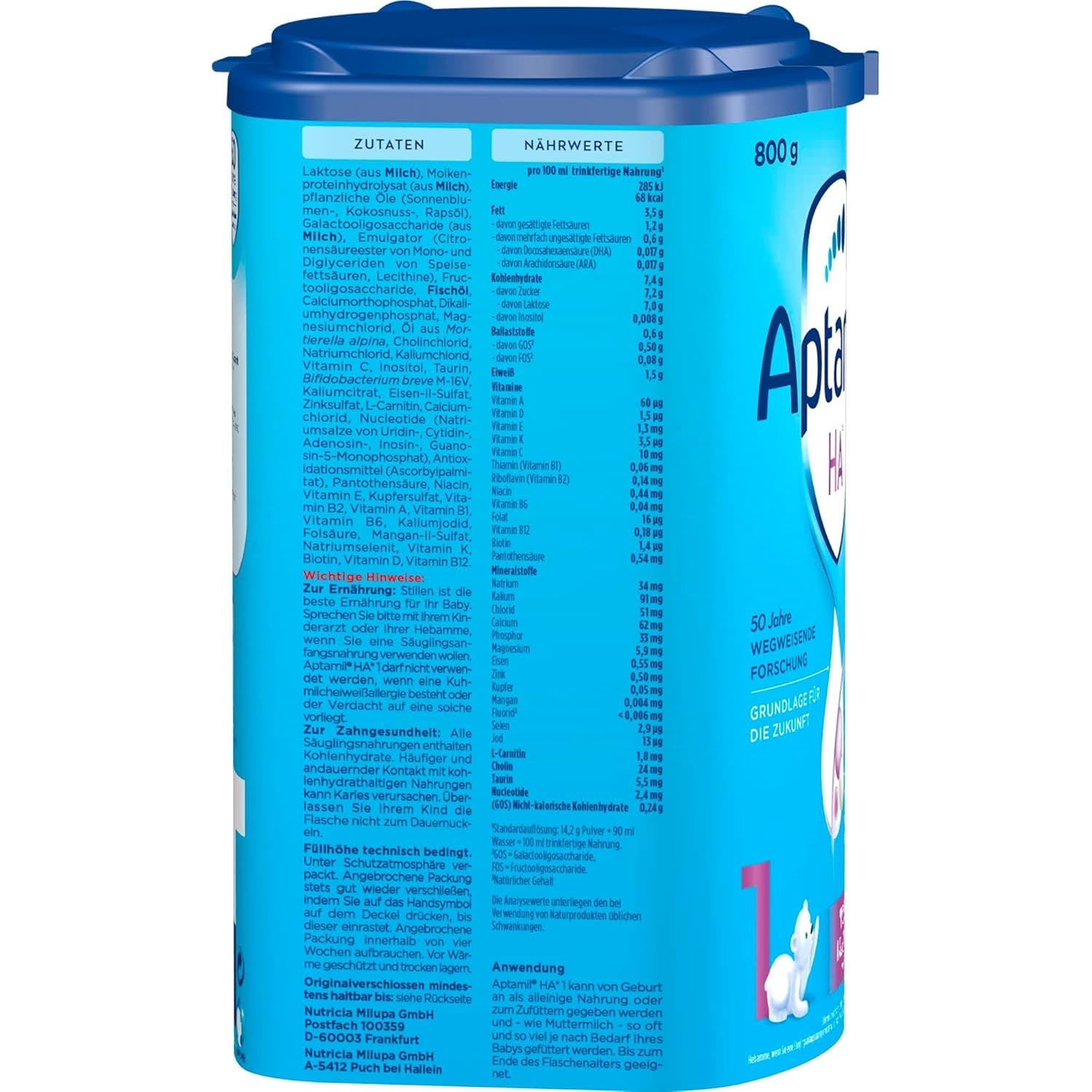 Aptamil HA 1 – Mélange de lait de consommation, avec DHA, sans lactose, sans huile de palme, poudre de bébé, poudre de lait, 1x 800 g (emballage avec 4)
