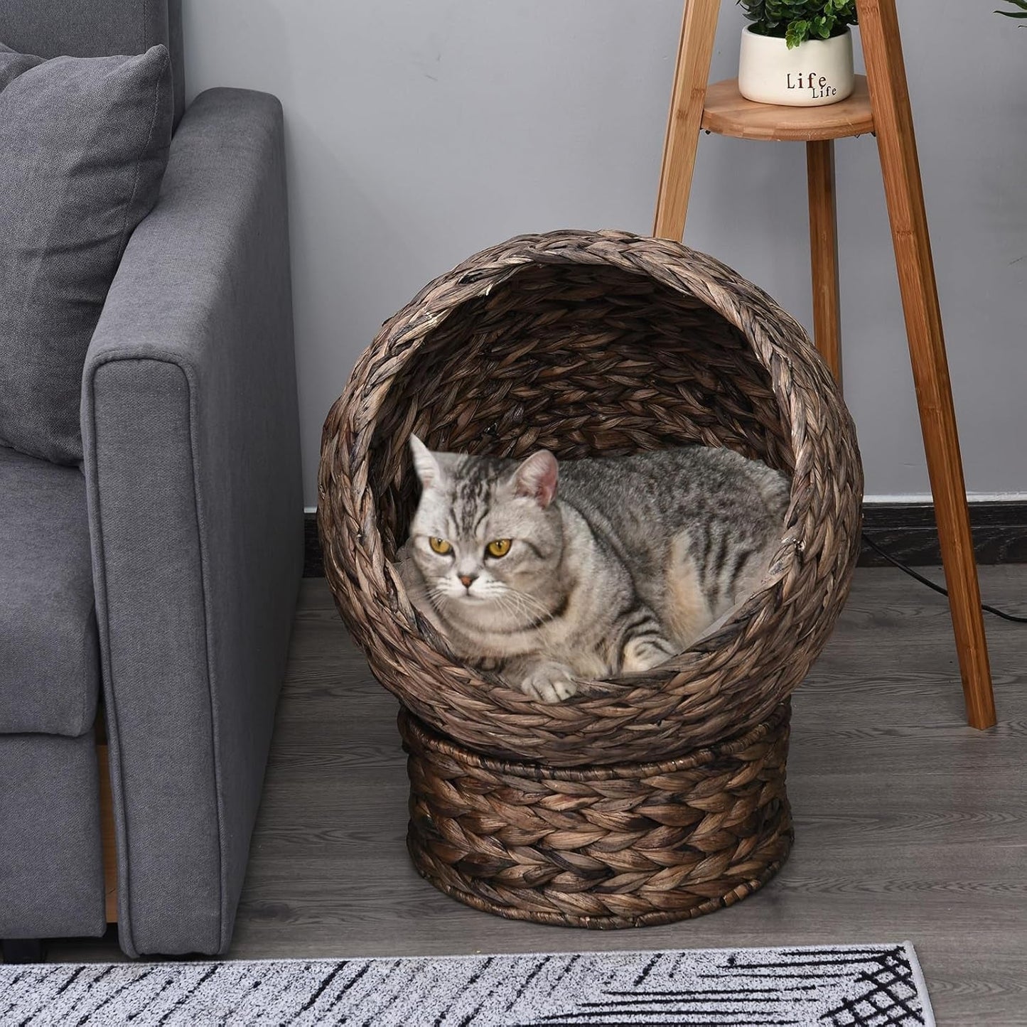 PawHut Rotin Katzenkorb Katzenhöhle Katzenhütte Katzenbett mit Kissen Haustierbett Wasserhyazinthe Kaffee 50 x 42 x 60 cm