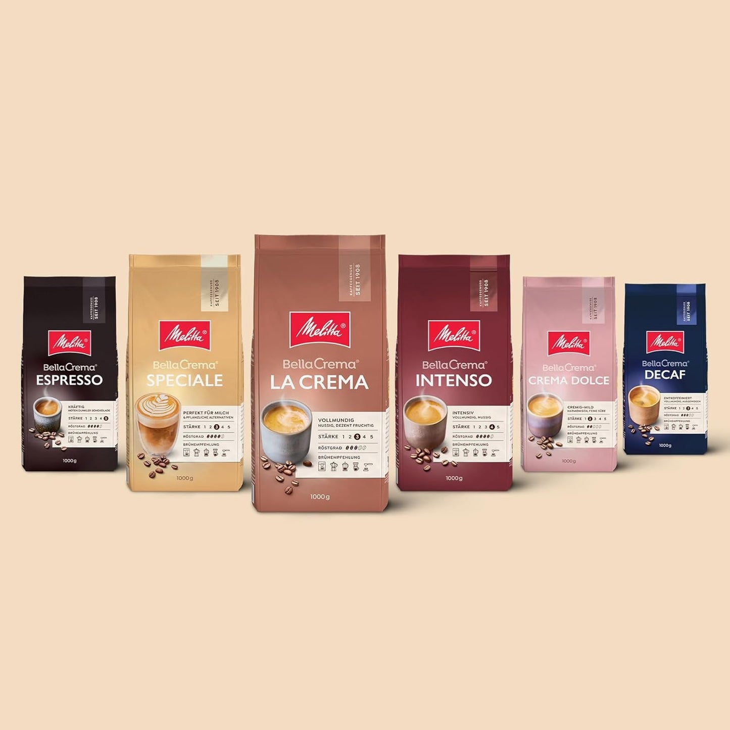Melitta BellaCrema La Crema Ganze Kaffee-Bohnen 1kg, ungemahlen, Kaffeebohnen für Kaffee-Vollautomat, medium Röstung, geröstet in Deutschland, Stärke 3