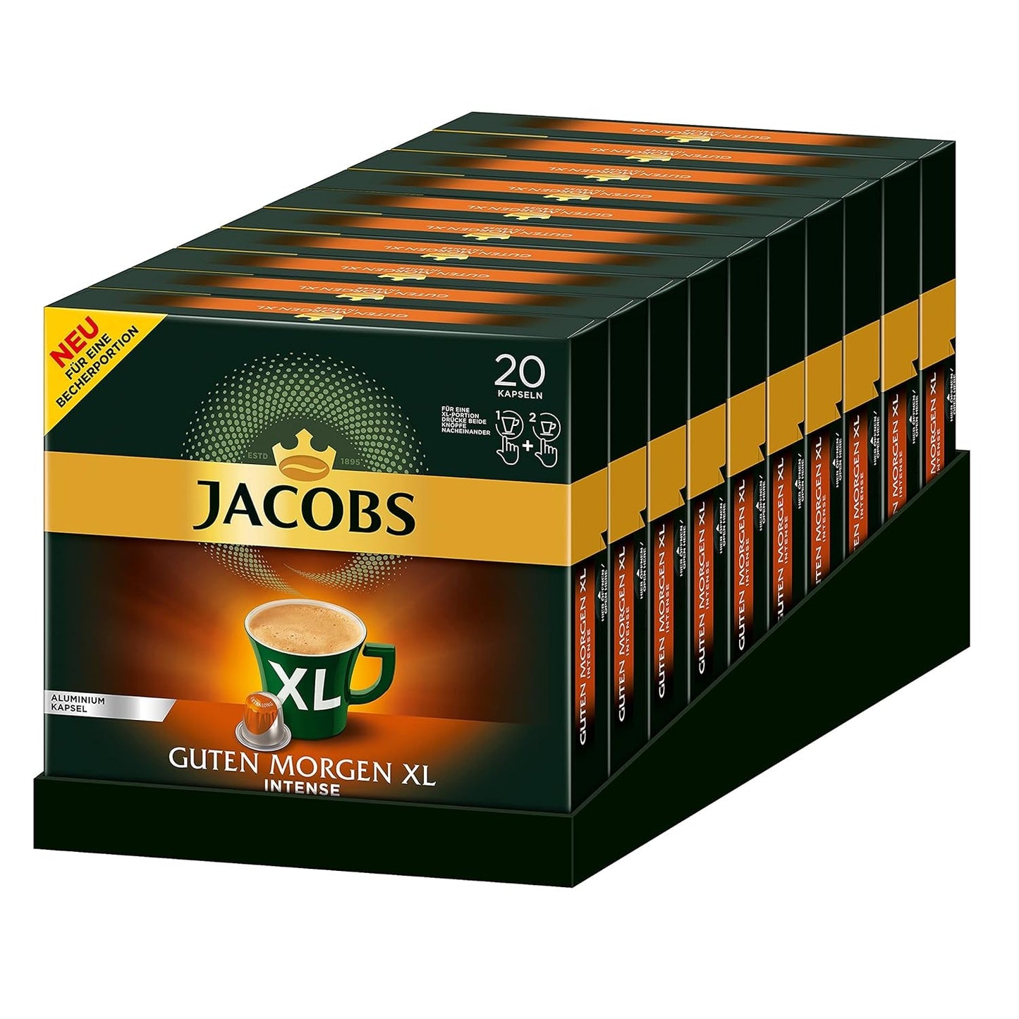 Jacobs Capsules de café Guten Morgen XL Intense - Pack de 10 (10 x 20 tasses) & Capsules de café Lungo Classico, Intensité 6 sur 12, 20 capsules compatibles Nespresso®*, 10 x 20 tasses
