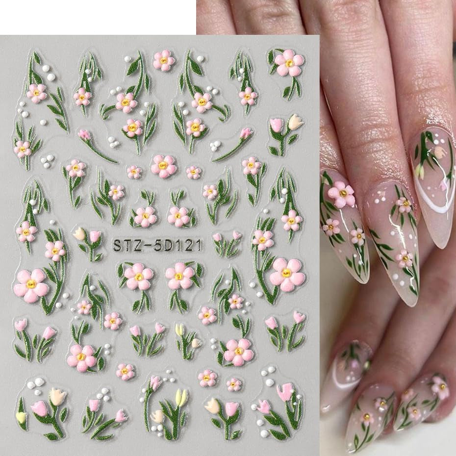JMEOWIO Autocollant 3D pour ongles, fleurs, fruits, Nail Art, autocollant auto-adhésif, autocollants stéréoscopiques 5D, décoration, conception de ongles, 4 couleurs