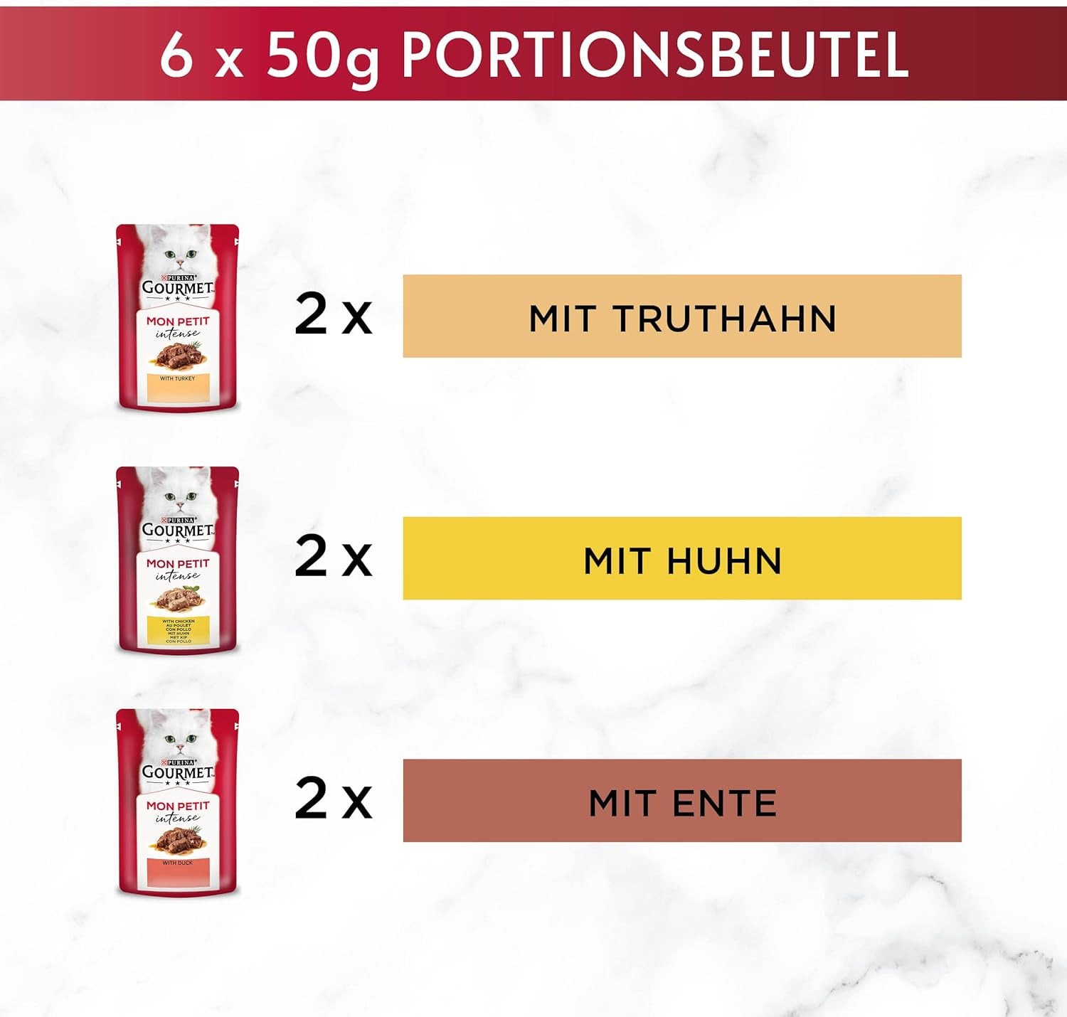 Gourmet Mon Petit Intense Nourriture humide pour chat, variété volaille, paquet de 8 (8 x 6 sachets de 50 g chacun)