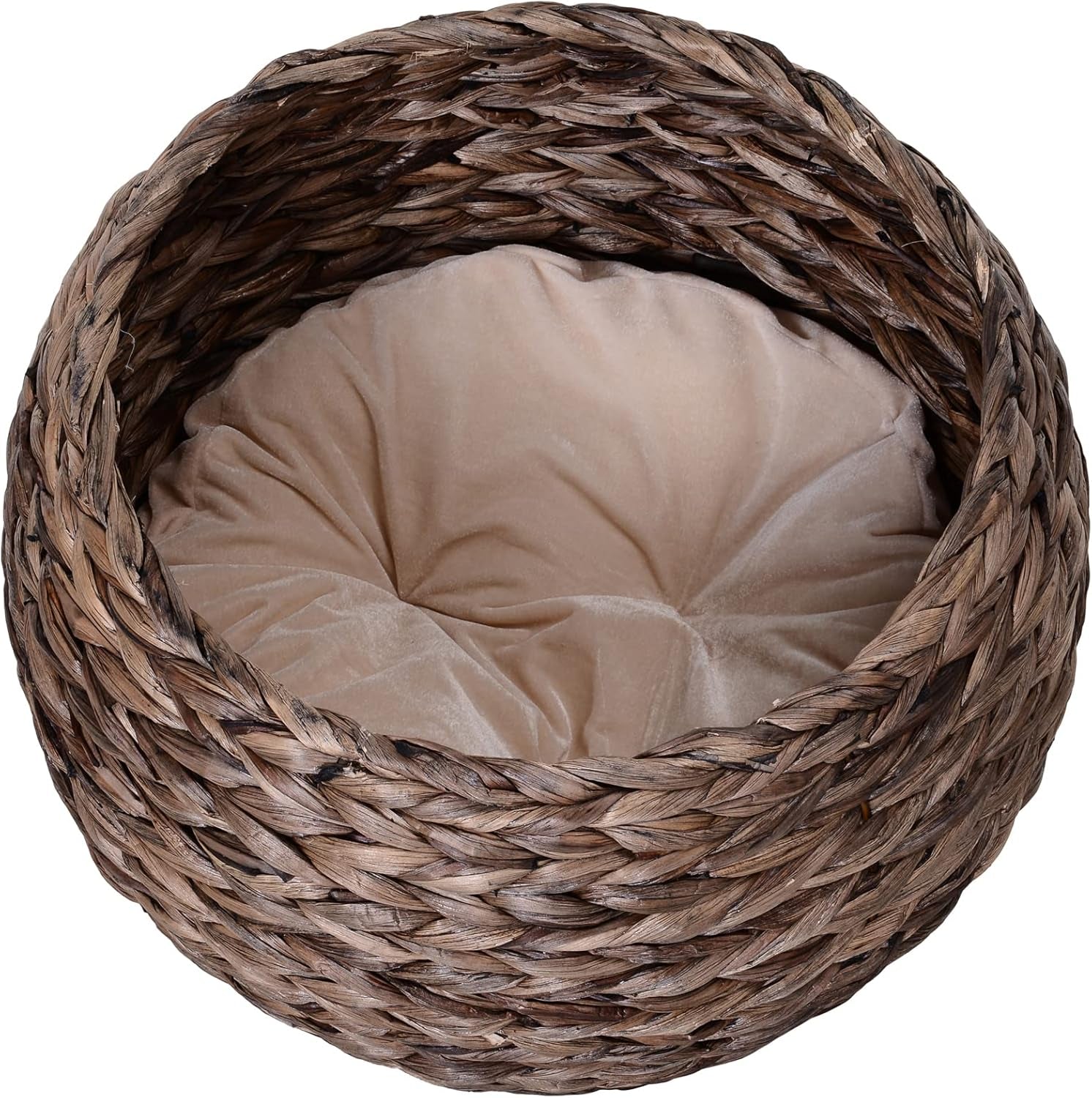 PawHut Rotin Katzenkorb Katzenhöhle Katzenhütte Katzenbett mit Kissen Haustierbett Wasserhyazinthe Kaffee 50 x 42 x 60 cm