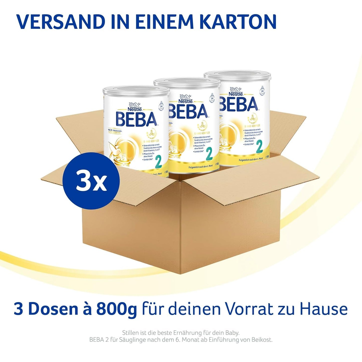 BEBA 2 - Lait de suite après 6 mois, avec complexe 5 HMO, teneur en protéines adaptée à l'âge, sans lactose, sans huile de palme, sans huile de poisson, nourriture pour bébé, lait en poudre pour bébé, lot de 3 (3 x 800 g)