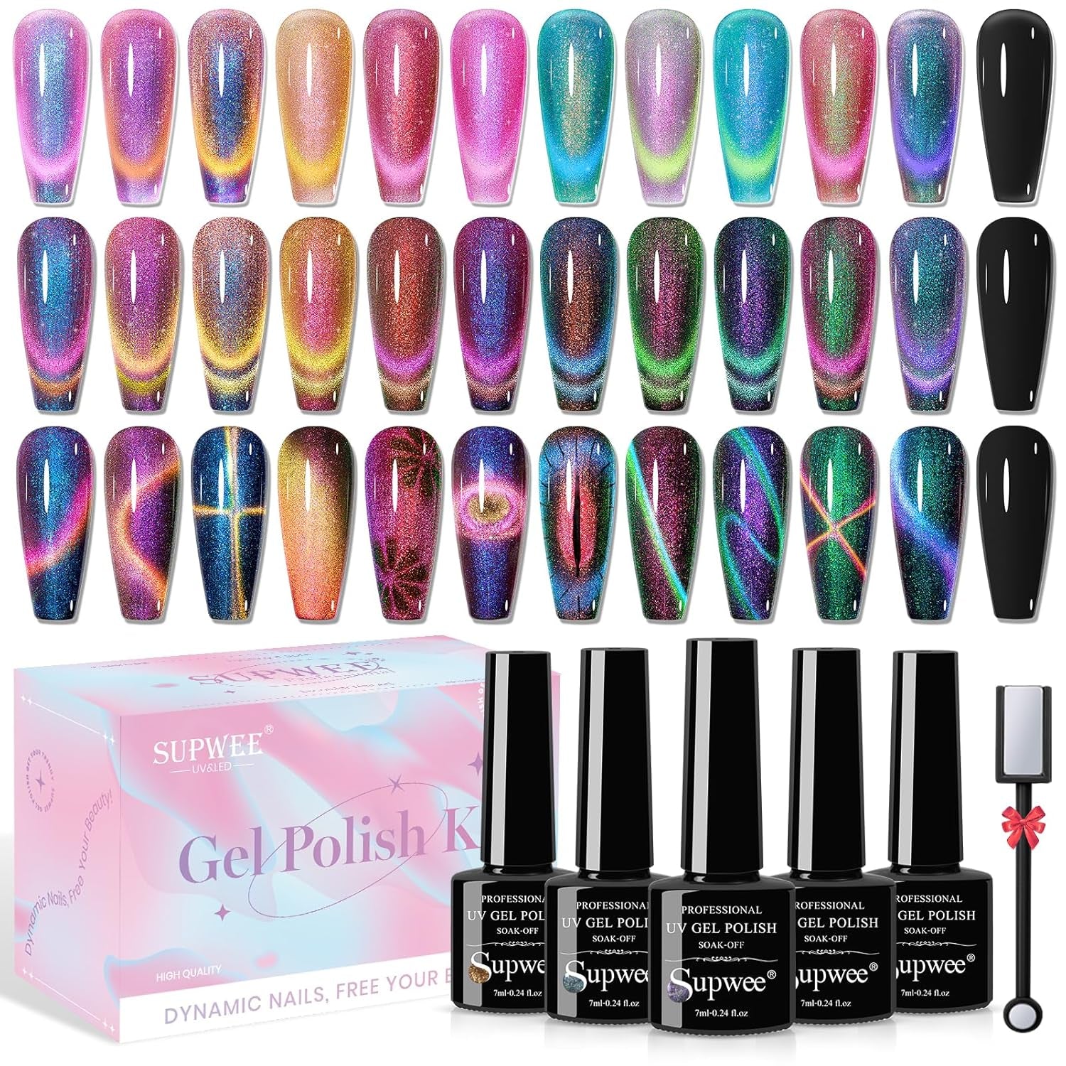 SUPWEE Outil magnétique pour ongles 5 en 1, aimant œil de chat rose pour ongles, stylo magnétique multifonction DIY, ensemble de stylos magnétiques 3D magiques, bâton magnétique pour Nail Art, outil de bricolage