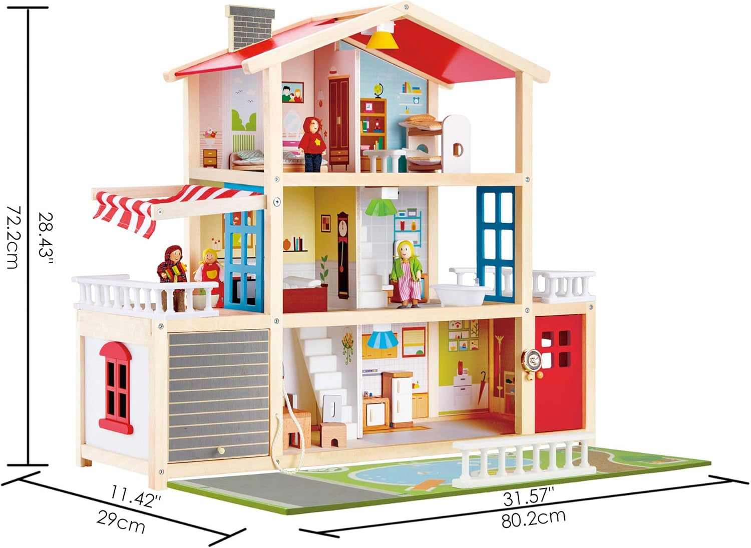 E3405 - Maison de poupée, Maison de poupée avec accessoires, en bois et E3500 - Famille de poupées, peau claire