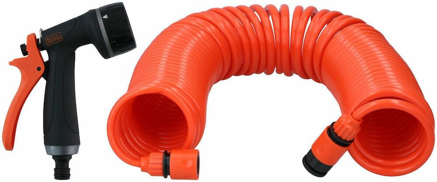 BLACK+DECKER Tuyau spiralé 15M - Tuyau d'arrosage comprenant un pulvérisateur d'arrosage et des raccords 1/2" - Plastique - Orange/Noir