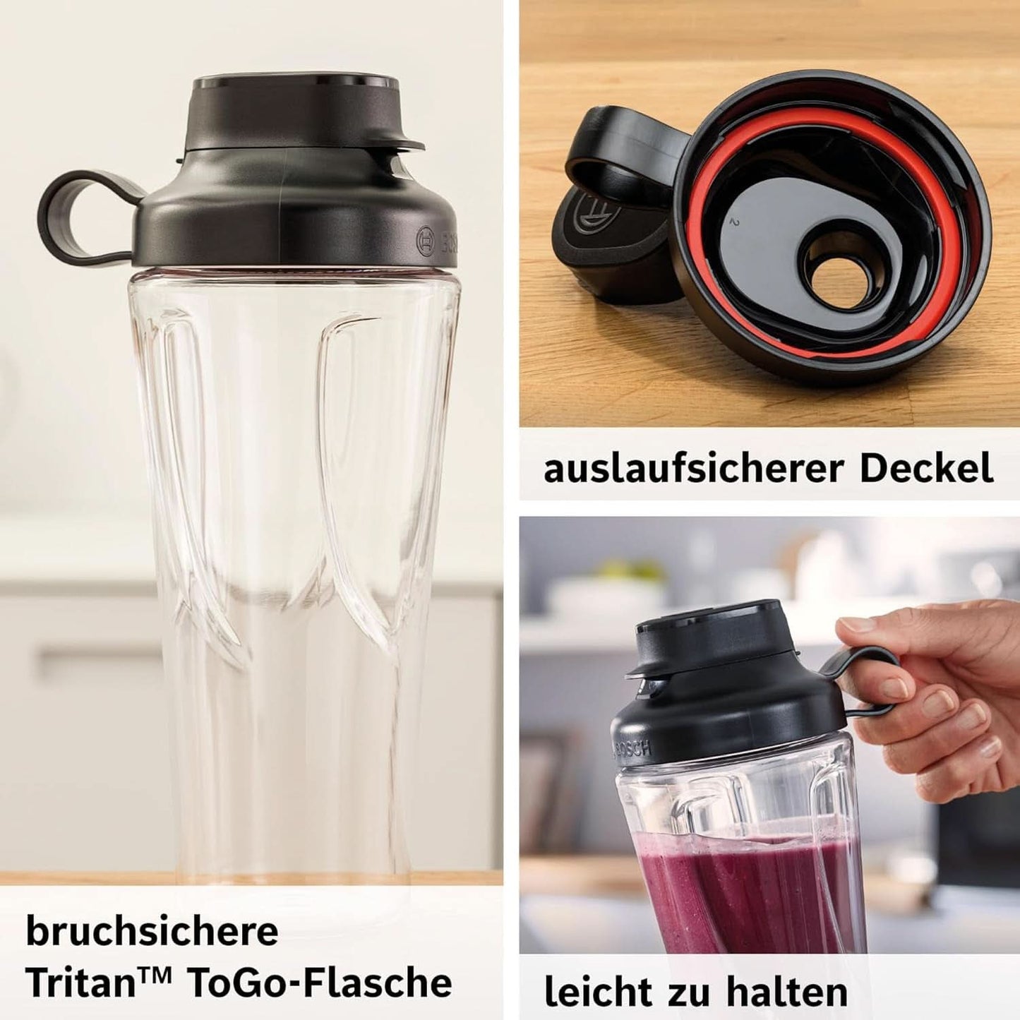 Bosch Mini-batteur sur socle Vitapower Serie 2 MMB2111S, Mélangeur à grande vitesse, Jusqu'à 40 000 tr/min, Tritan Togo-Flasche 0,6 L, Trinkdeckel, Bruchsicher, Spülmasch.Geeignete Teile, 450W, Silber/Schwarz Kitchen Naty Shop