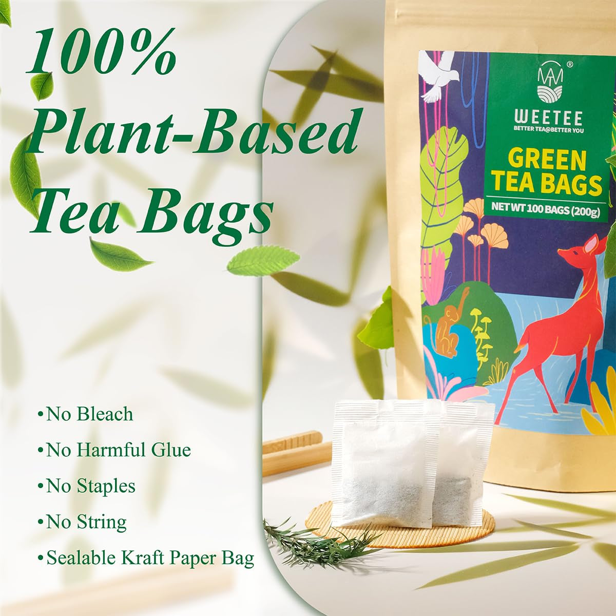 WEETEE Sachets de thé vert, 100 sachets de thé vert, thé vert pur, super antioxydant | Sachets refermables | Préparation chaude ou froide