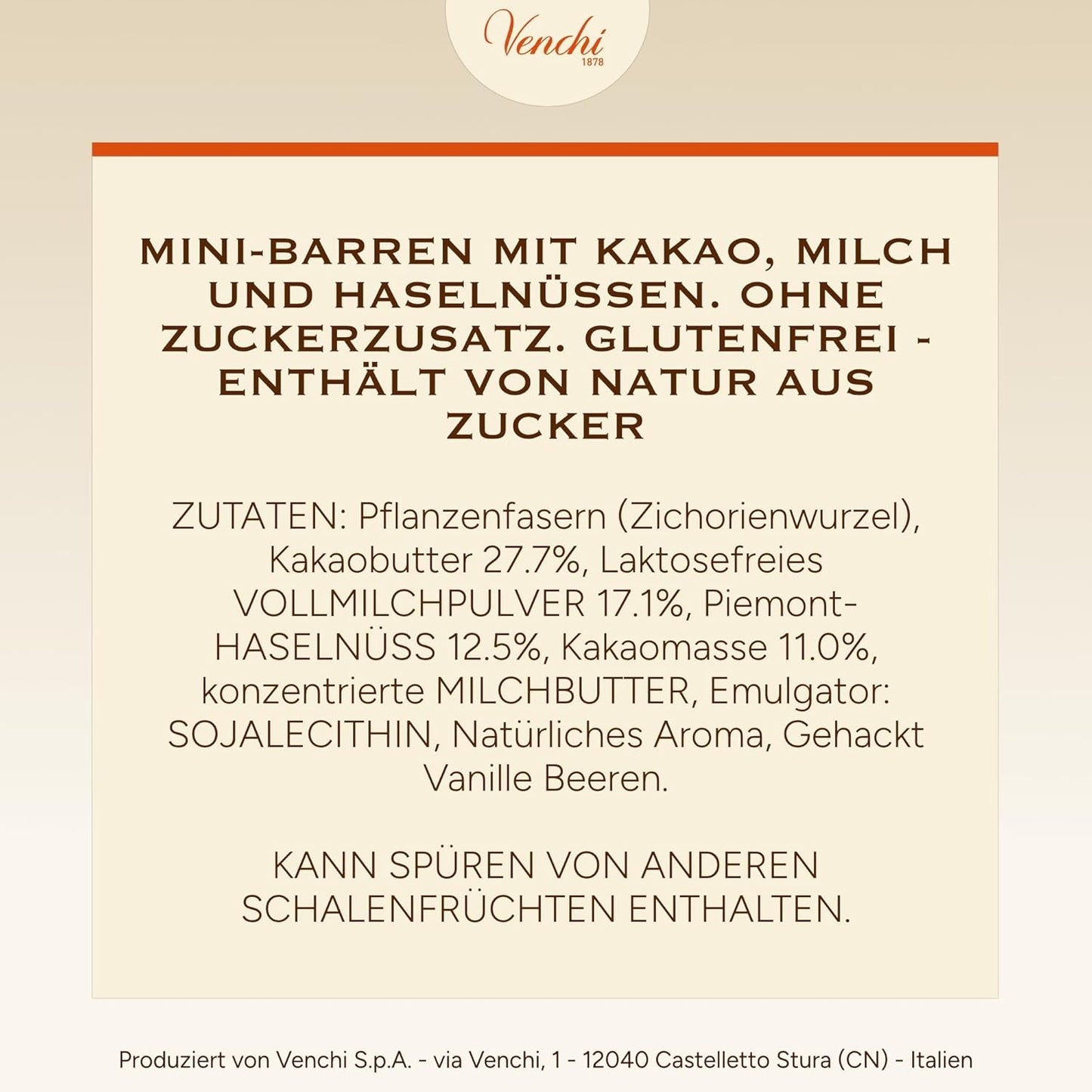 Venchi - Tablettes de chocolat au lait et noisettes - 70% sucre - Pralines aux noisettes entières du Piémont IGP, 1 kg - Sans gluten