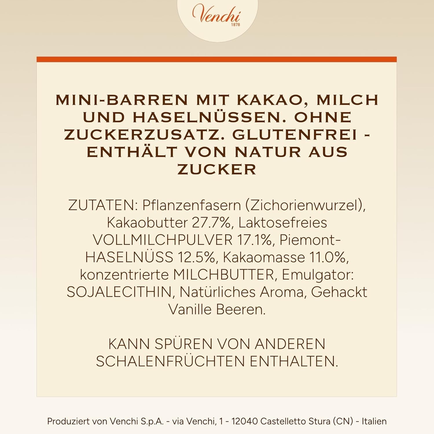 Venchi - Tablettes de chocolat au lait et noisettes - 70% sucre - Pralines aux noisettes entières du Piémont IGP, 1 kg - Sans gluten