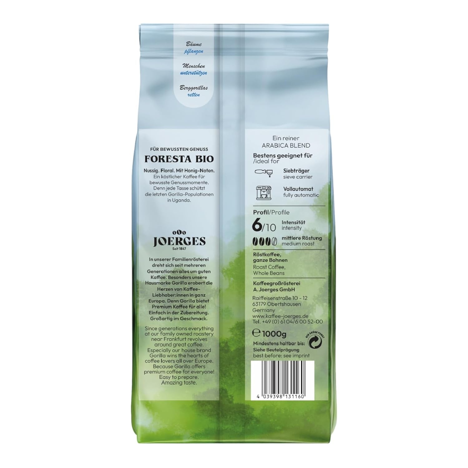 Café Gorilla Foresta, emballage double, 2 x 1 kg, grains torréfiés | Mélange Arabica, grains entiers | Machine à expresso porte-filtre entièrement automatique | Café expresso
