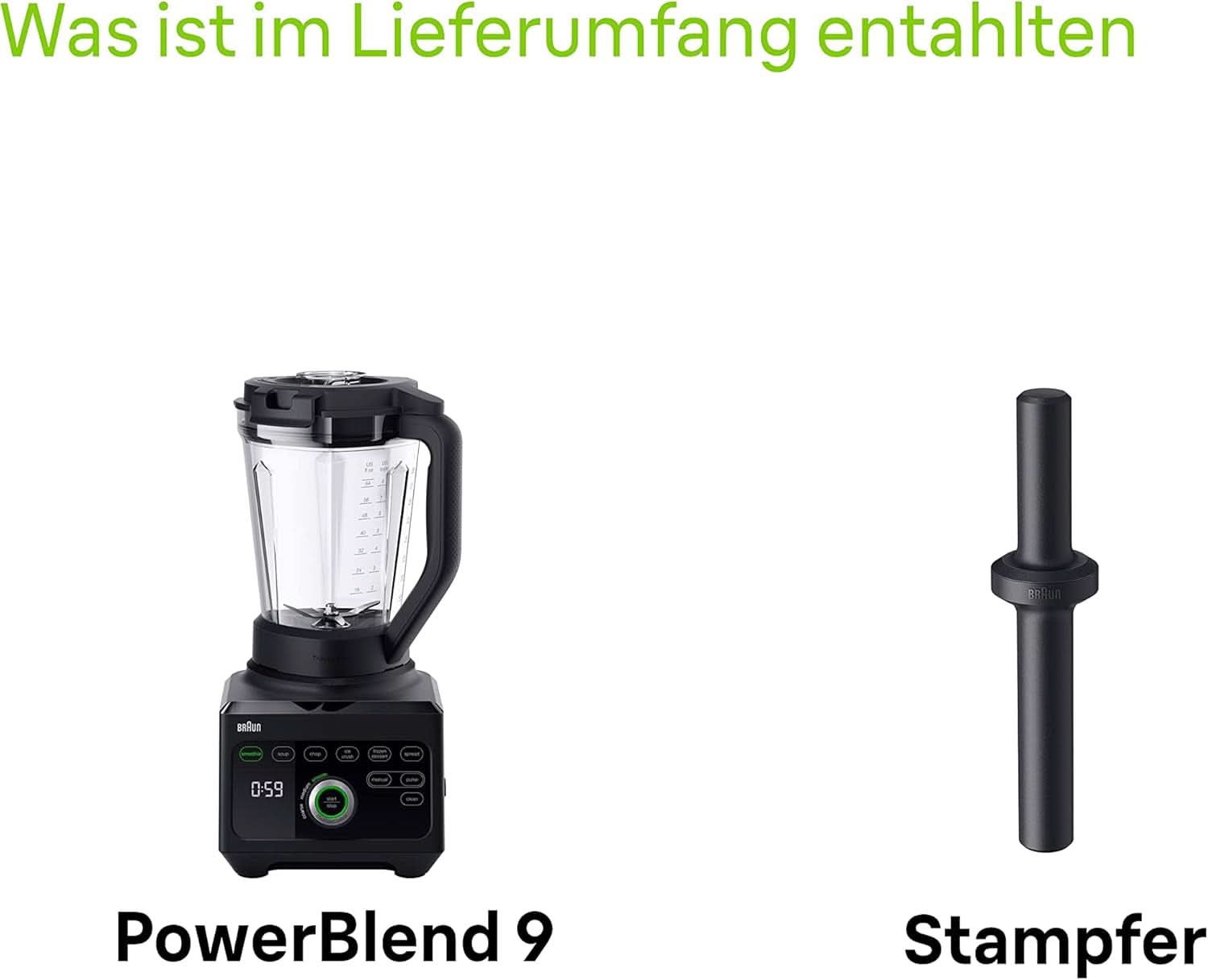Braun Hochleistungsmixer Powerblend 9 JB9040 – Batteur sur socle avec mélangeur en verre, 18 programmes de mixage, 10 vitesses de rotation + fonction d'impulsion, fonction Heiße Suppen, programme de nettoyage, tampon, 1600 W, Schwarz Kitchen Naty Shop