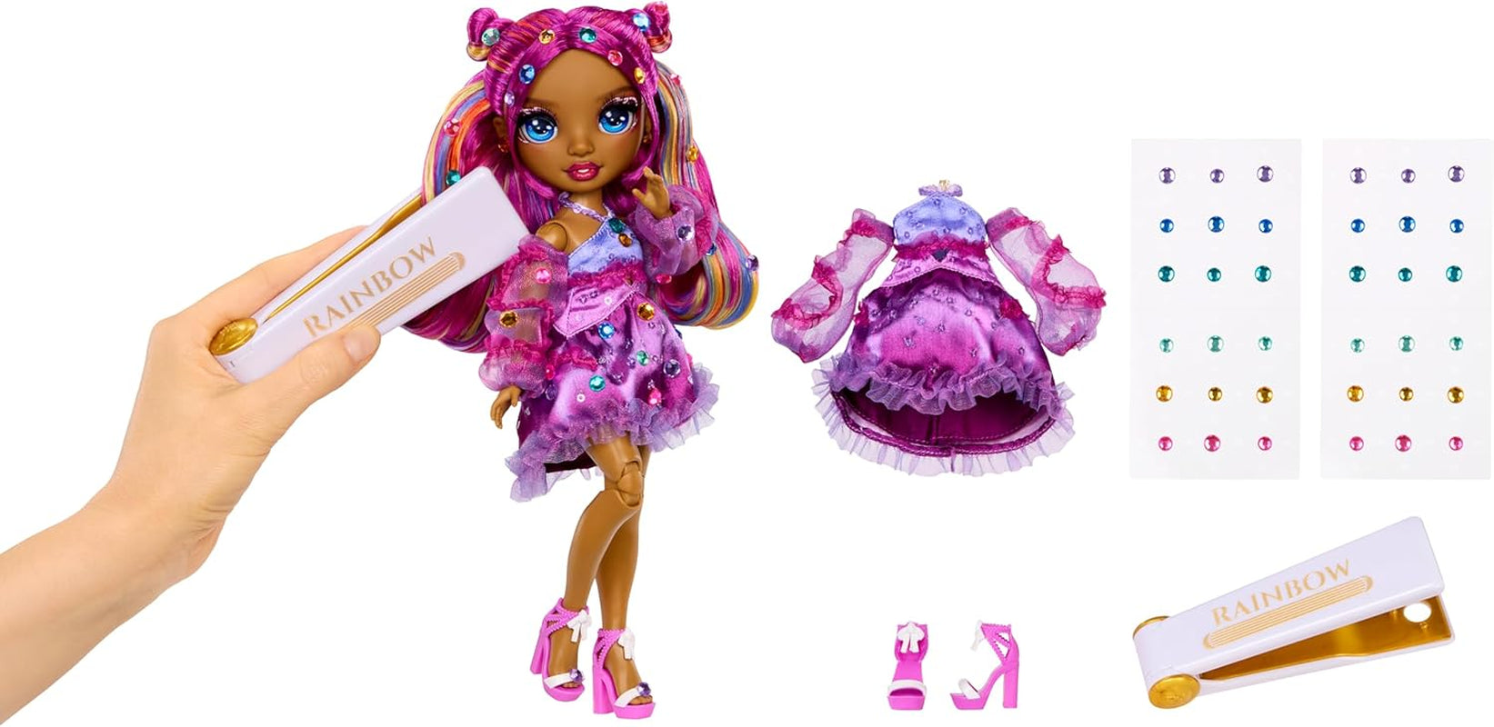 Rainbow High Be Dazzling - Noémie Violette - Poupée mannequin lilas 28 cm avec outil de décoration, pierres précieuses scintillantes et accessoires de coiffure
