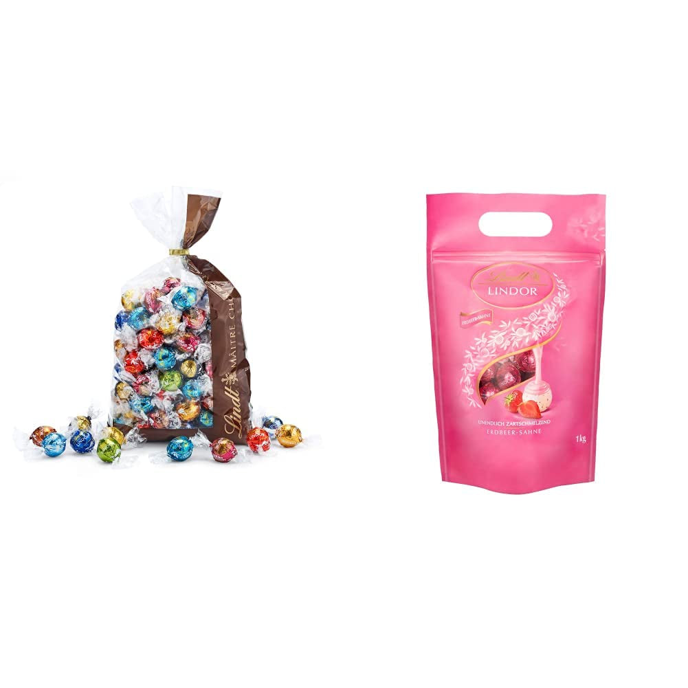 Mélange de chocolat LINDOR | 1371g | Env. 109 boules : Boules de chocolat au lait et LINDOR à la crème de fraise | Sac de 1 kg, env. 80 boules de chocolat chocolat blanc à la crème de fraise