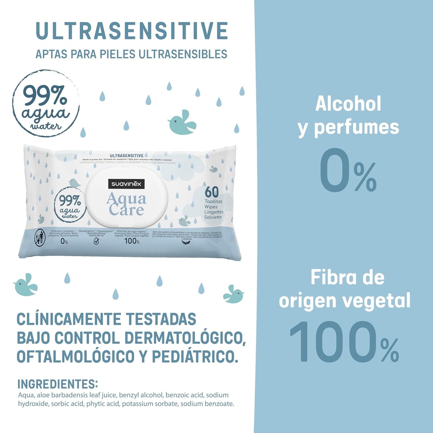Suavinex Aqua Care Baby Wet Wipes 60 Count Lingettes nettoyantes 99 % d'eau Fibre végétale Aloe Vera Sans parfum Sans alcool Testé dermatologiquement Convient aux peaux sensibles