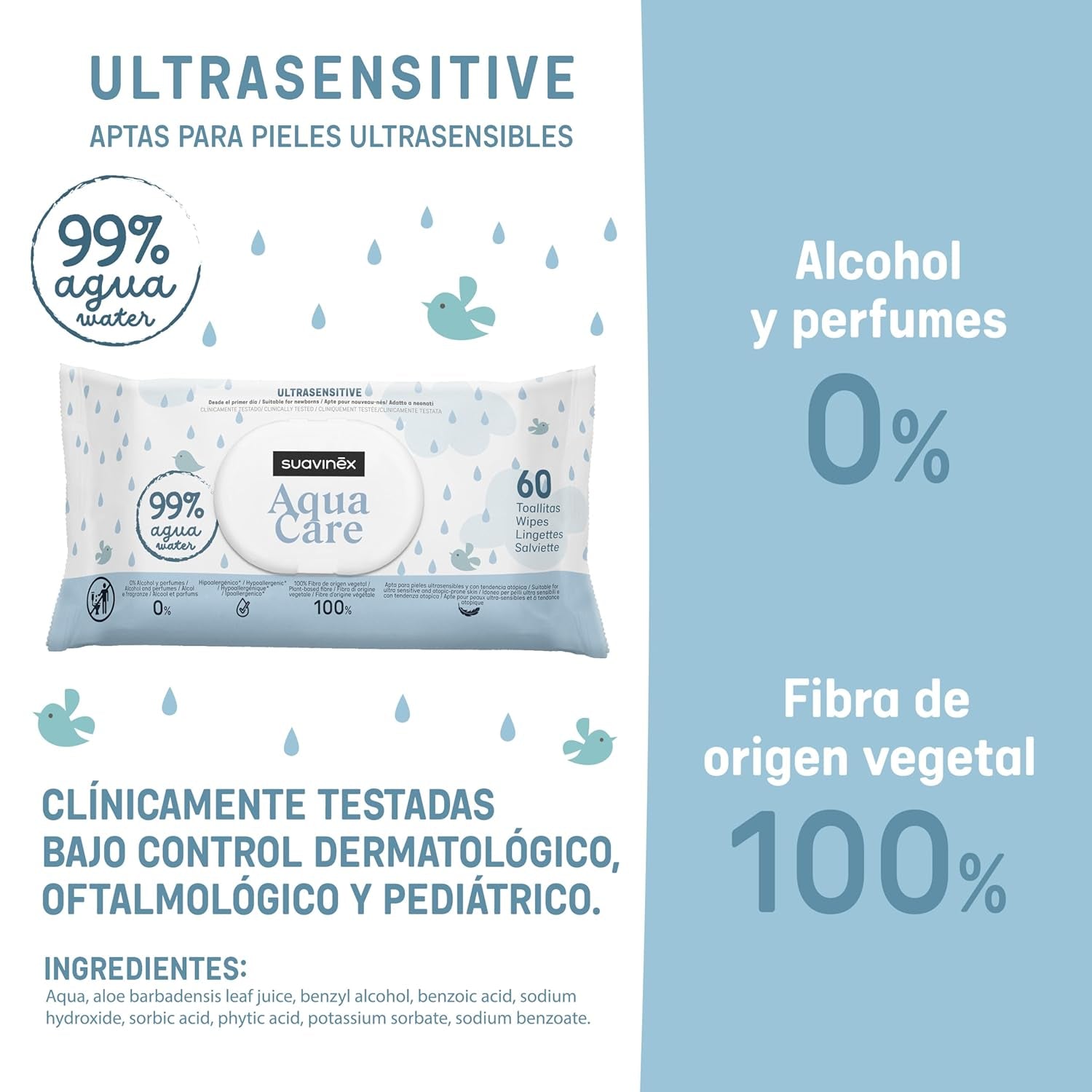 Suavinex Aqua Care Baby Wet Wipes 60 Count Lingettes nettoyantes 99 % d'eau Fibre végétale Aloe Vera Sans parfum Sans alcool Testé dermatologiquement Convient aux peaux sensibles