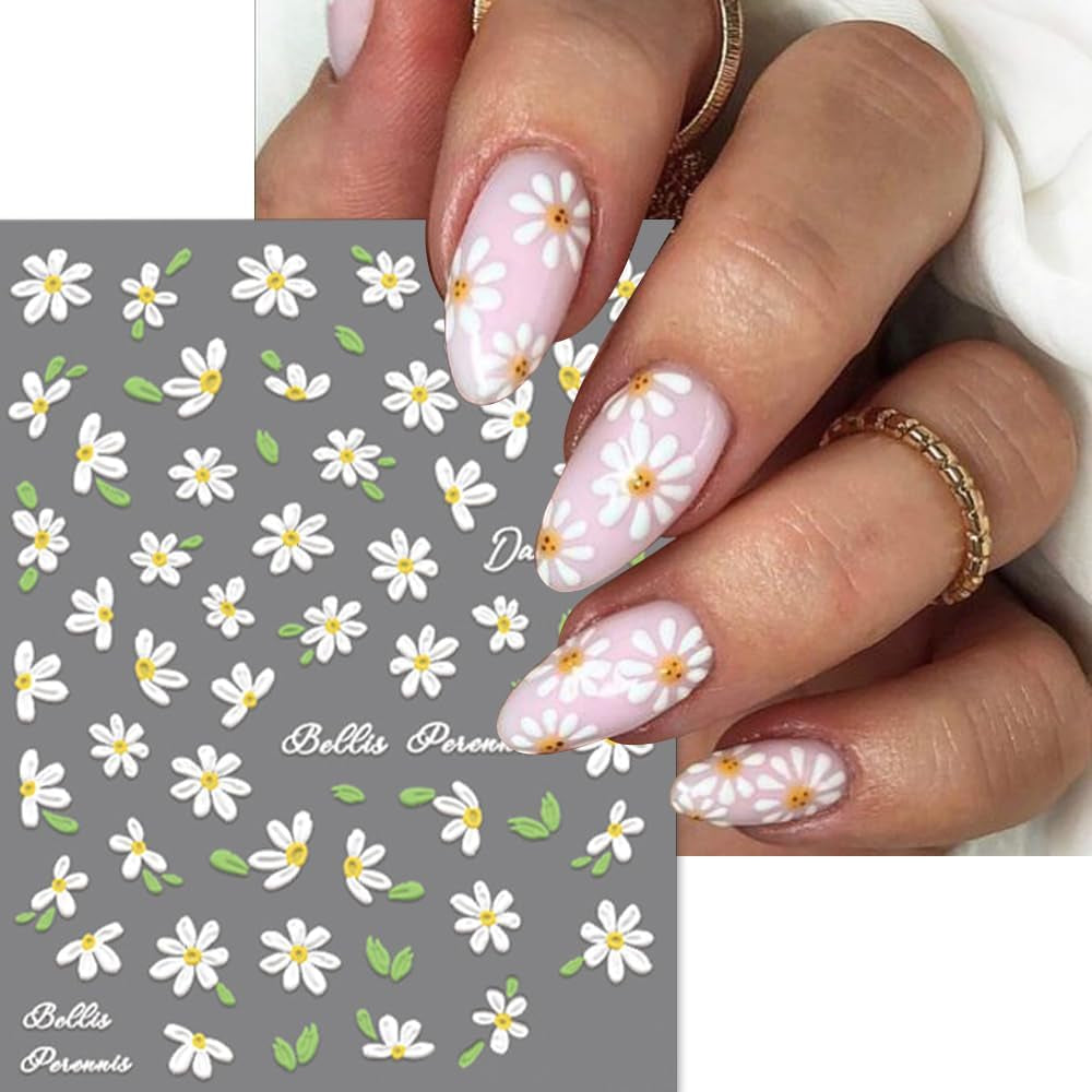 Autocollants pour ongles en forme de marguerites blanches en relief 5D, autocollants pour ongles, feuilles de fleurs, autocollants pour Nail Art, accessoires de décoration d'ongles, autocollants de conception de fleurs, Nail Art