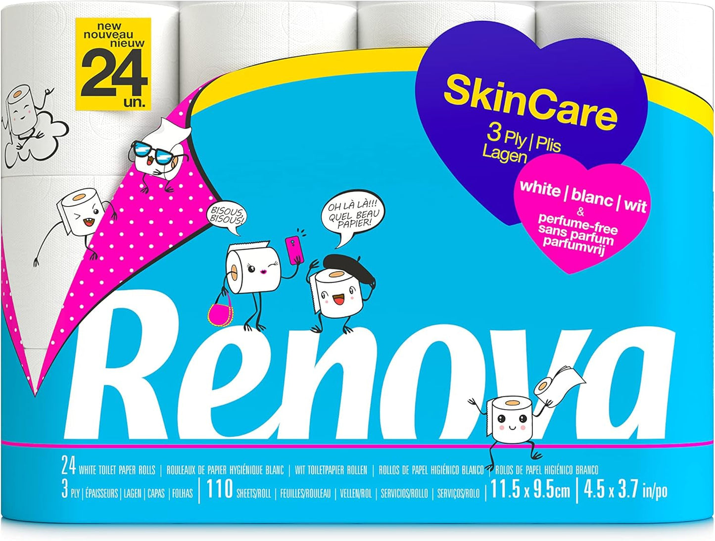 Papier toilette Renova Skincare, 3 couches, blanc, 24 rouleaux