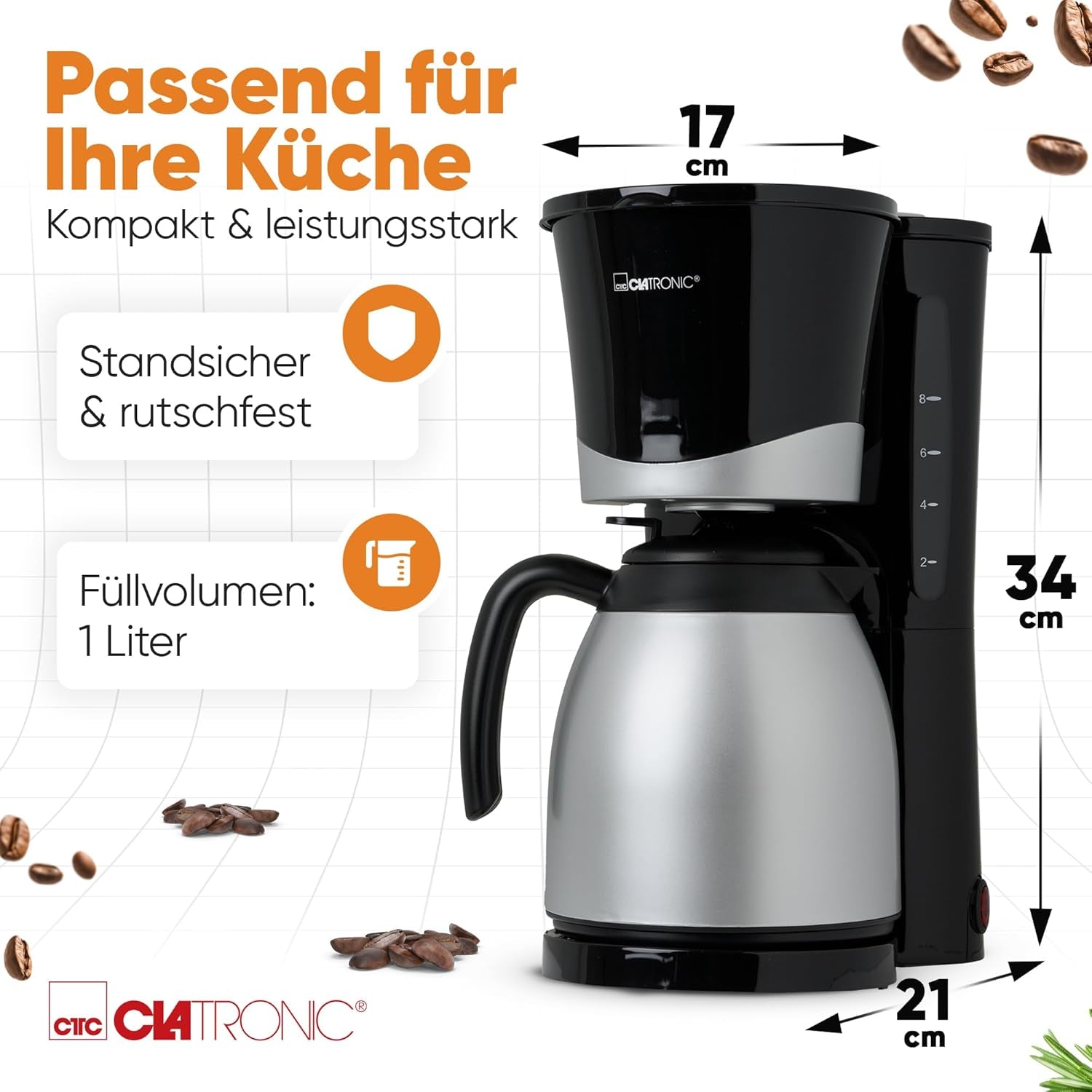 Cafetière Clatronic® avec thermos | pour 8 à 10 tasses de café | sans perte de température | cafetière avec filtre | 1 litre | Expresso | Cafetière filtre avec thermos | KA 3327 noir