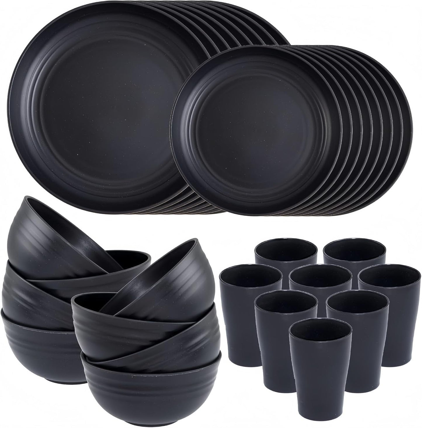 Vaisselle de camping Ensemble de vaisselle en plastique réutilisable léger de 32 pièces pour 8 personnes comprenant des bols, des assiettes, des tasses, une vaisselle de pique-nique incassable en plastique écologique