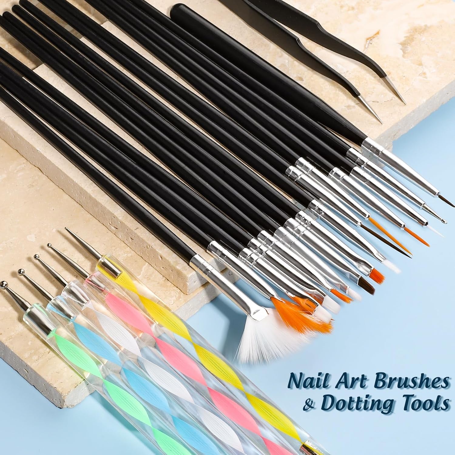 FANDAMEI Pinceaux pour Gel, 15 Pièces Pinceaux à Ongles, 5 Autocollants à Feuilles, Strasssteine ​​​​Nägel, Ensemble de Conception de Nagel, Accessoires de Conception de Nagel, Ensemble de Pinceaux à Ongles, Ensemble de Pinceaux à Ongles et Ensemble de Décorations