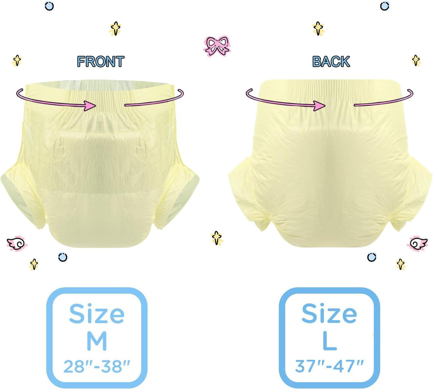 CutiePlusU Lot de 10 couches jetables pour incontinence avec boucles pour femme et homme, absorption maximale pendant la nuit – Jaune (taille moyenne 71-96 cm)