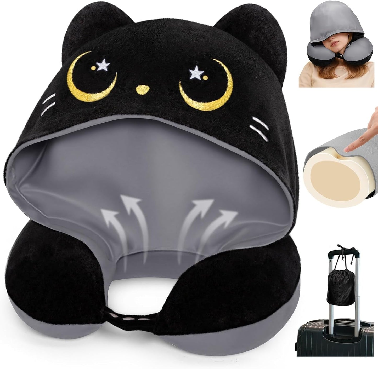 Mewaii Oreiller de voyage double face pour adultes, oreiller cervical en mousse à mémoire de forme, oreiller de vol réversible avec capuche de chat, sangle réglable