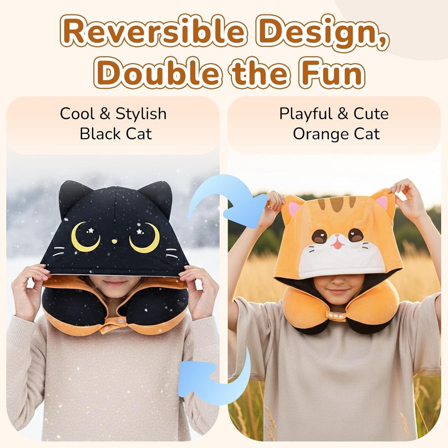 Mewaii Oreiller de voyage double face pour adultes, oreiller cervical en mousse à mémoire de forme, oreiller de vol réversible avec capuche de chat, sangle réglable