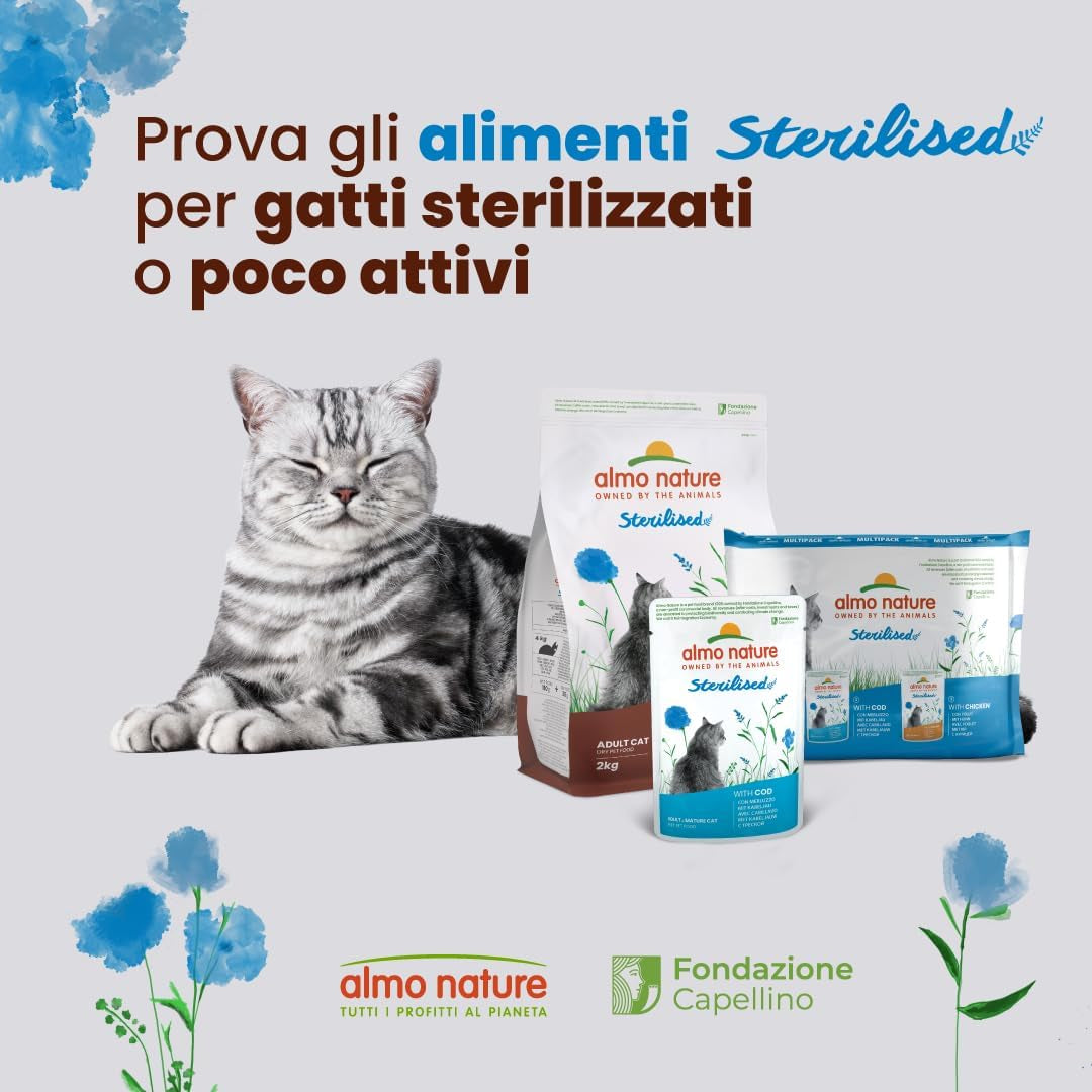 Almo Nature Functional - Stérilisé - Aliment humide pour chat adulte et senior, stérilisé ou peu actif - au cabillaud et au poulet - Faible en gras, hydratant - 70g (paquet de 6)