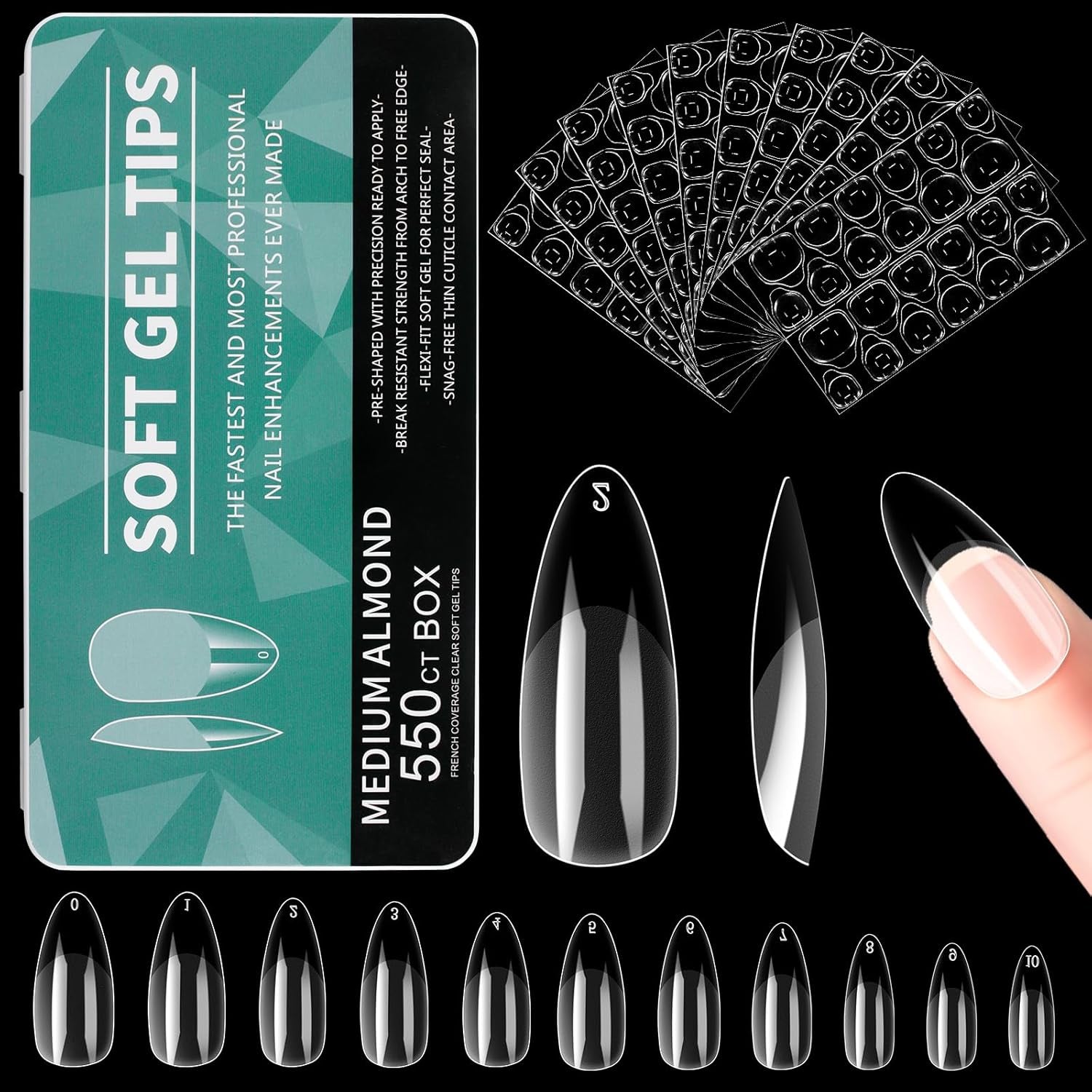 Alyvisun Lot de 500 faux ongles en acrylique à couverture complète avec 240 autocollants pour ongles, 10 tailles de pointes d'ongles en gel transparent, pointes d'ongles en gel souple, pointes d'ongles ballerine