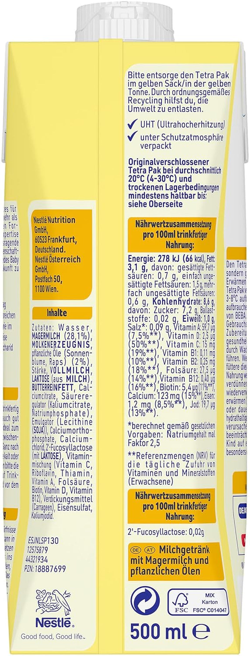 BEBA Junior Boisson lactée prête à boire 1-3 ans, avec HMO, teneur en protéines adaptée à l'âge, sans huile de palme, sans huile de poisson, nourriture pour tout-petits, paquet de 12 (12 x 500 ml)