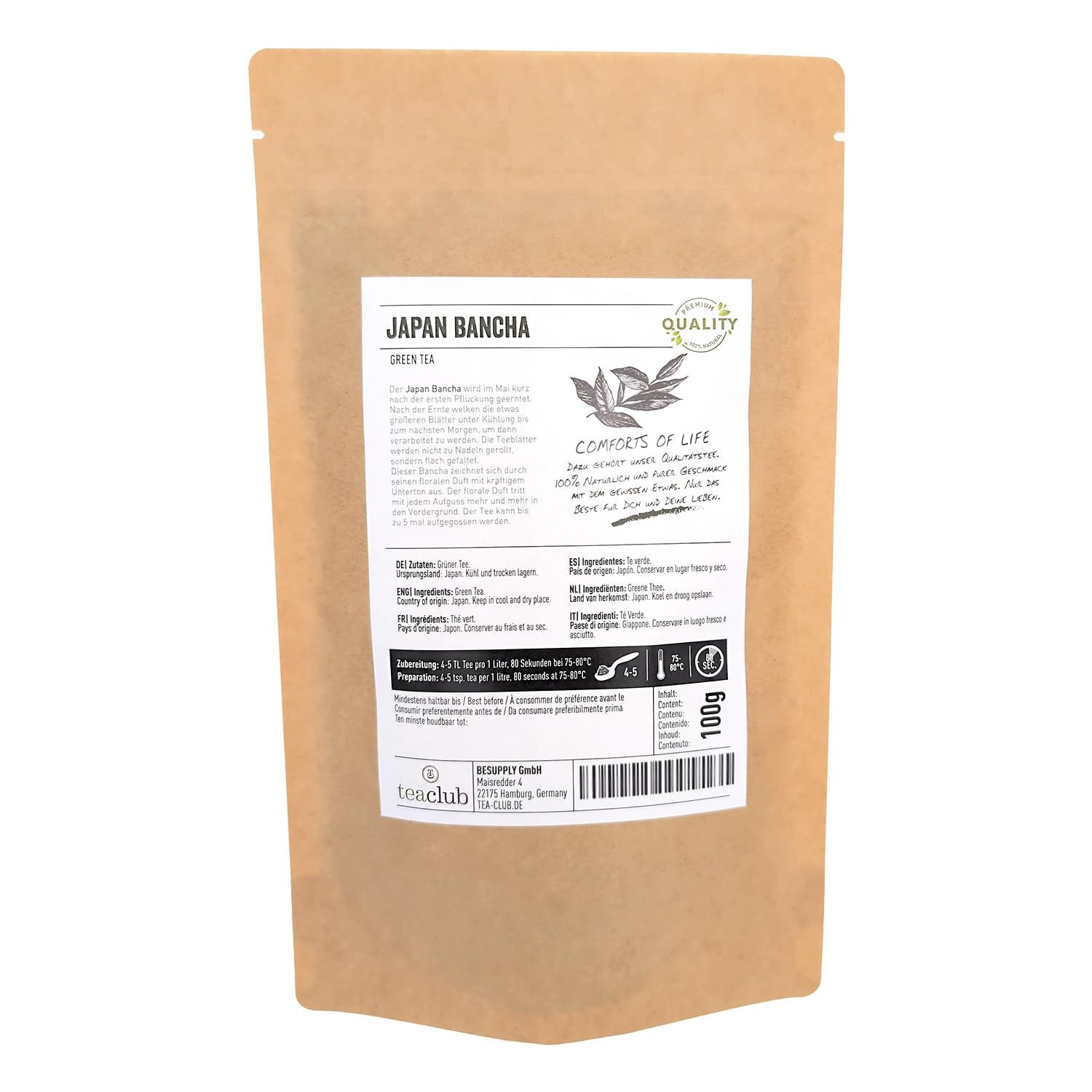 Thé vert japonais Bancha en vrac 100 g, thé vert japonais aromatique et délicat, Teaclub Green Tea