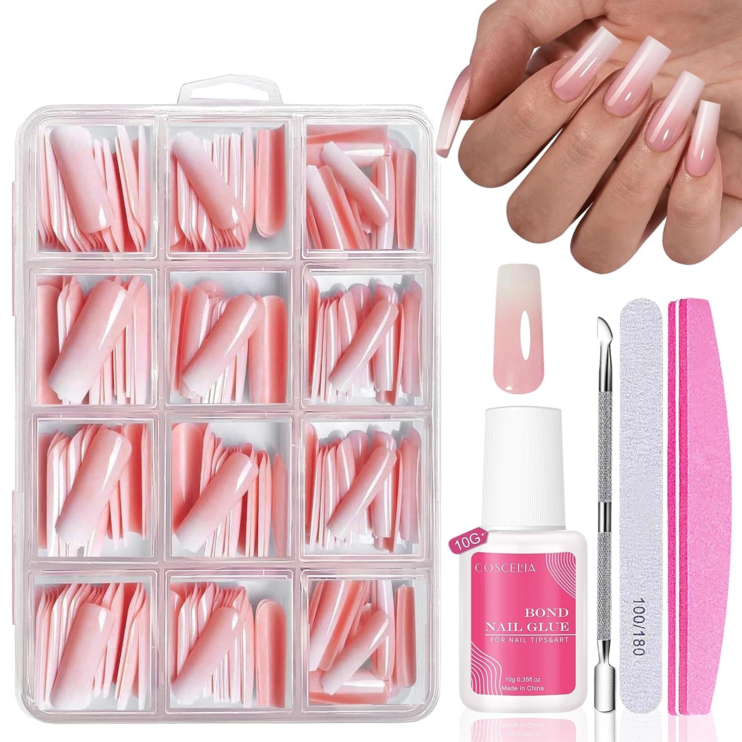 Ensemble de faux ongles – 240 pièces de faux ongles français à coller – Rose blanc dégradé design ongles artificiels couverture complète en gel doux naturel et confortable à porter (rose amande)