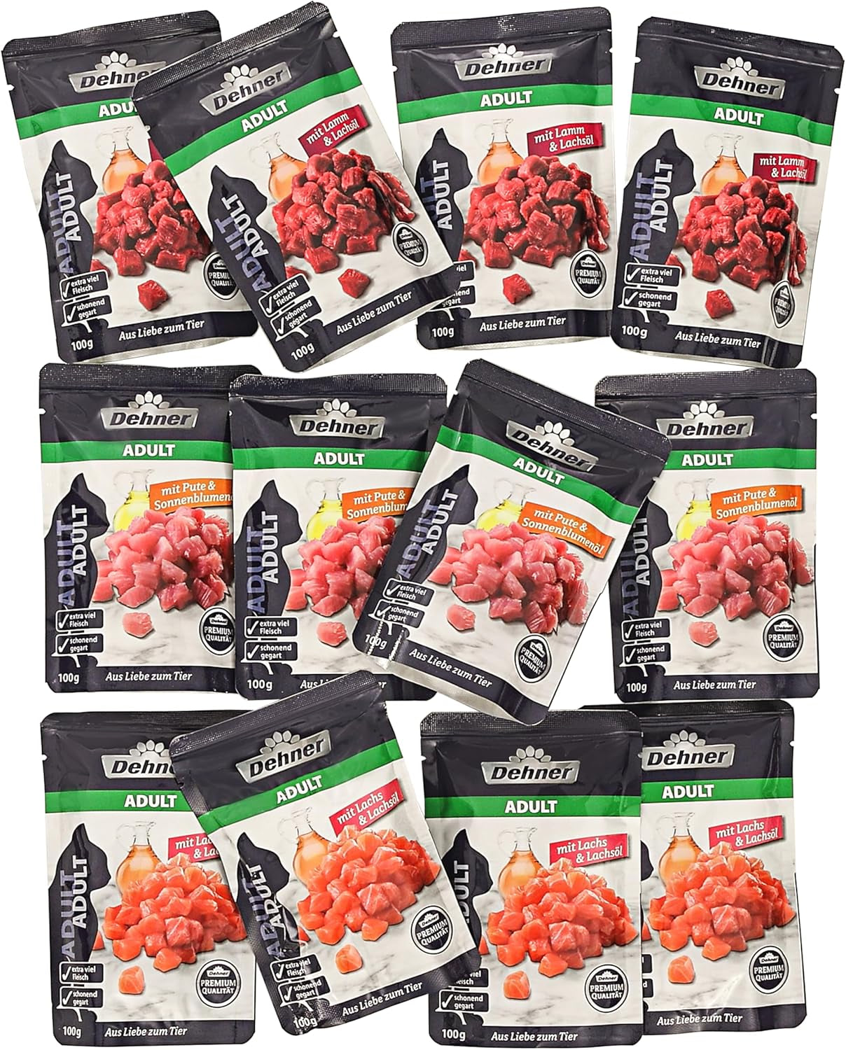Dehner Premium Nourriture humide pour chat, multipack, chats adultes, 4 pièces chacune : agneau/dinde/saumon, 12 sacs x 100 g (1,2 kg)