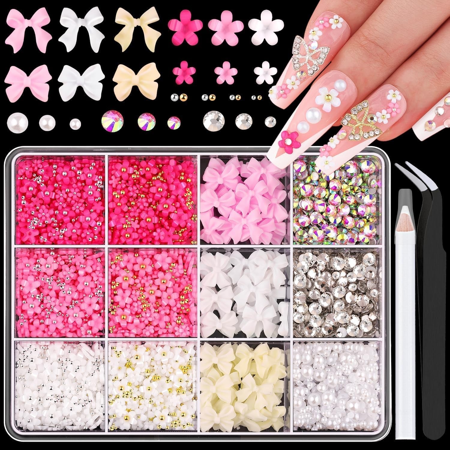 GZMAYUEN 920 pièces perles à dos plat or argent pour ongles, perles à ongles demi-brun blanc beige, petites perles à dos plat demi-brun pour décoration d'art d'ongle bricolage