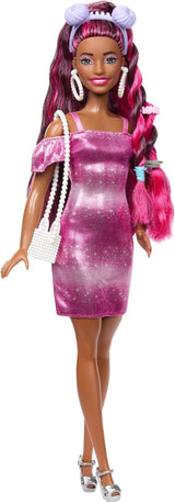Poupée Barbie cheveux élégants et amusants avec cheveux noirs colorés extra longs et robe rose scintillante 10 accessoires de coiffure et de mode JDC86